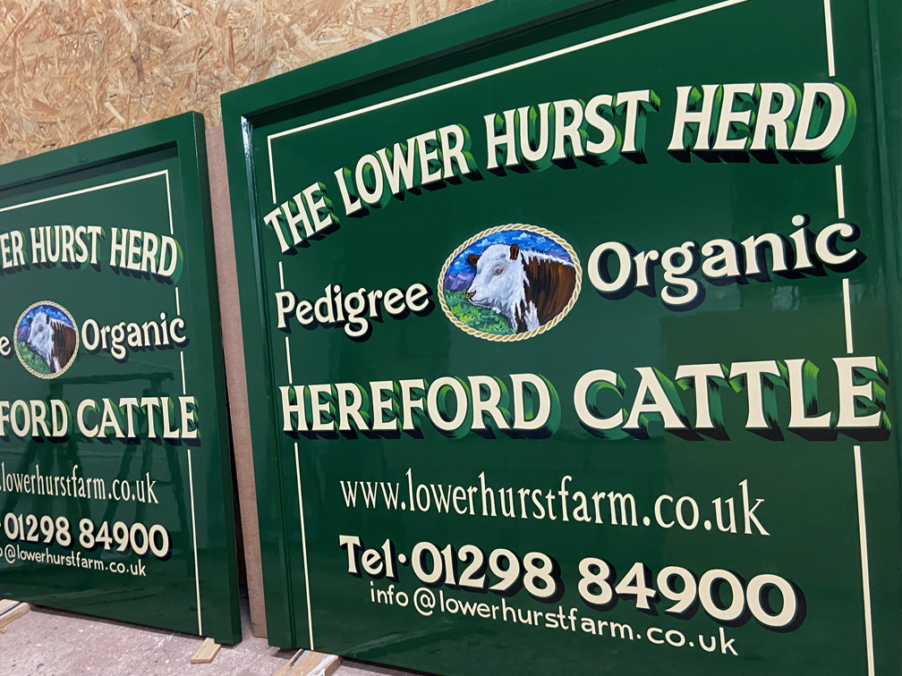 Lower Hurst Farm: A bespoke handmade sign, built using top-grade marine plywood and a precision framework, finished in enamel with expert hand signwriting for a timeless result.